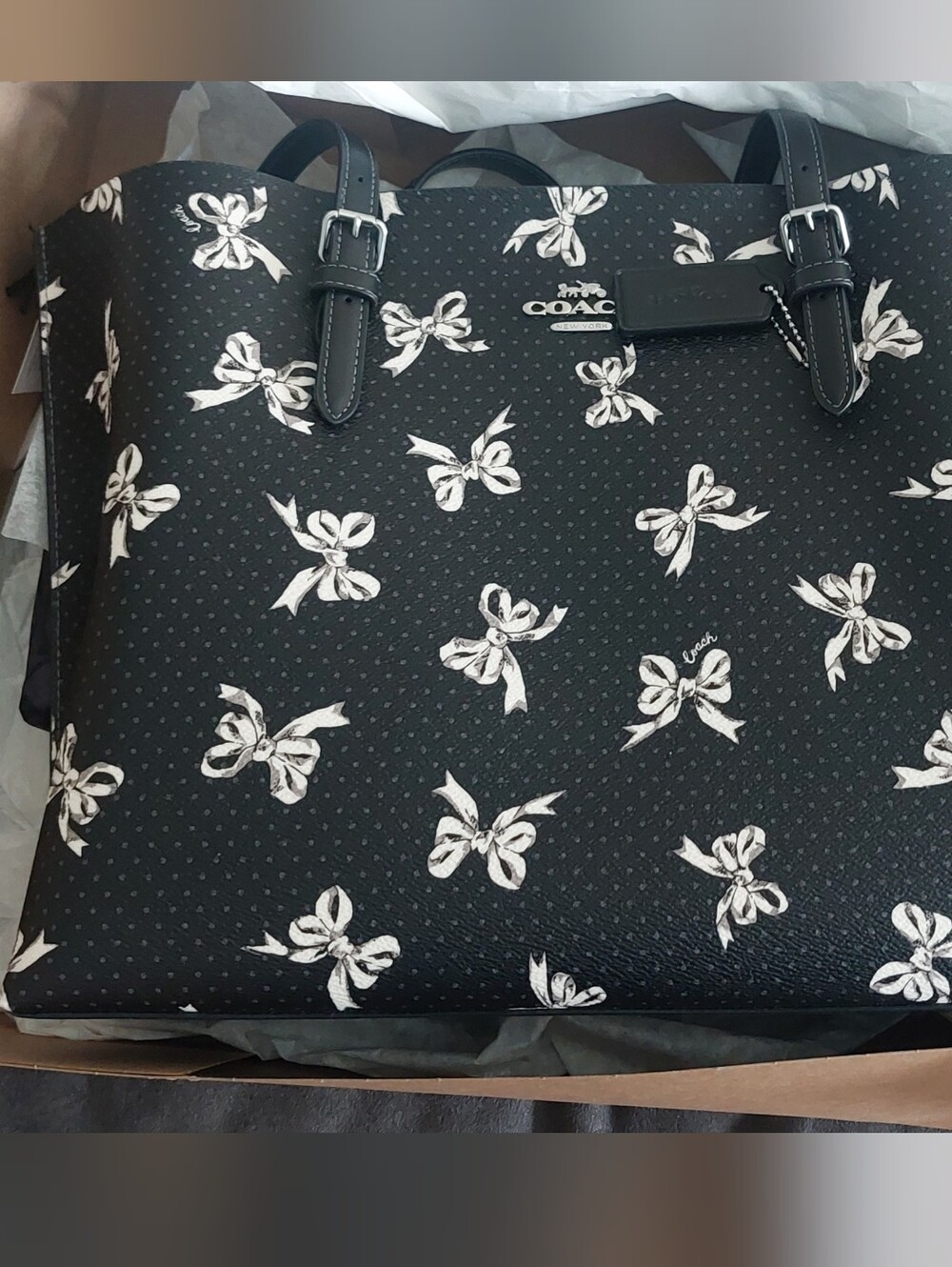 Coach Black Tote with White Bow Print